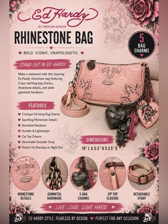 Ed Hardy Handbags - Ed Hardy Pink Rhinestone Crossbody with Charm Accents